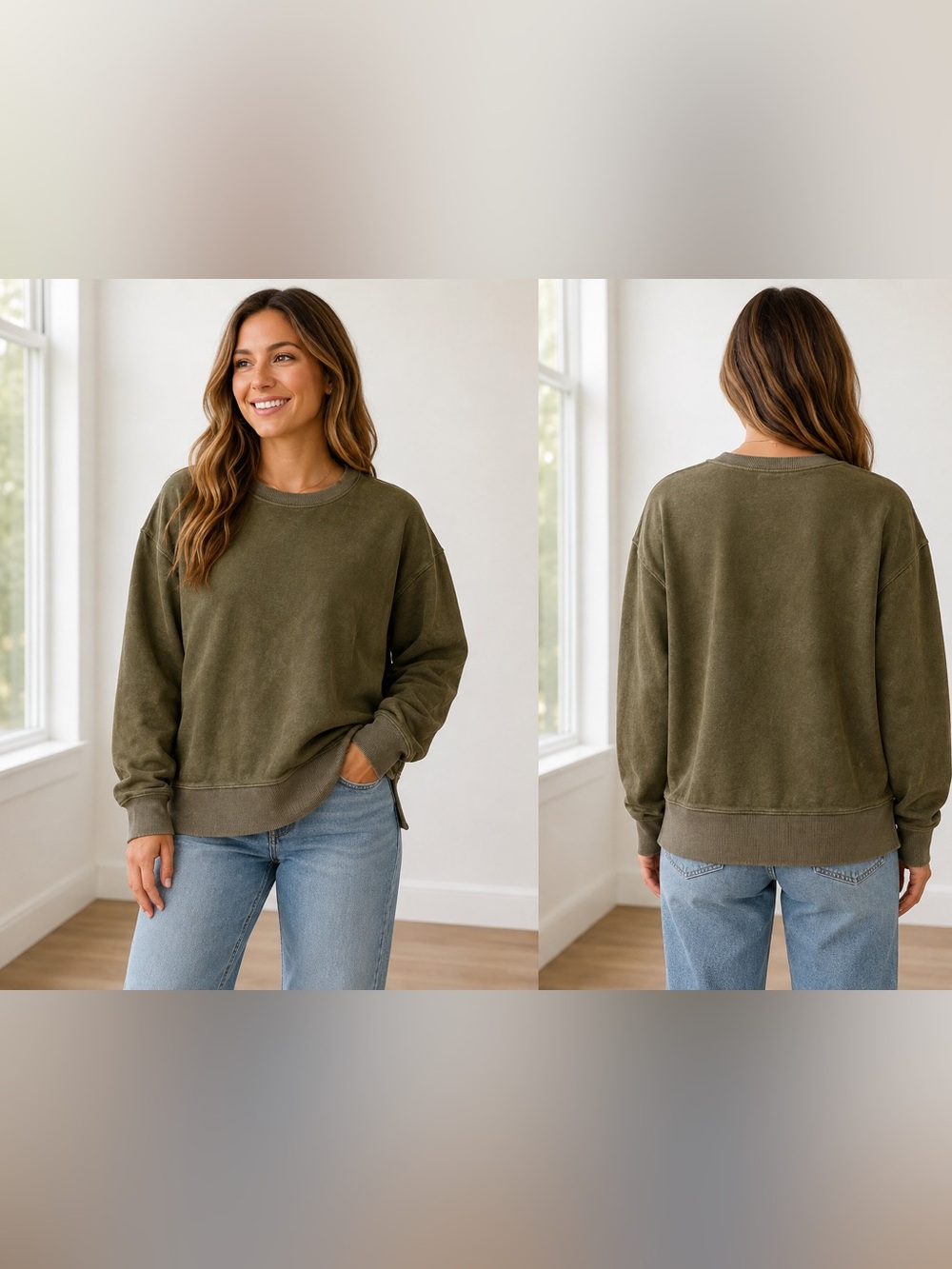 aerie Women’s Olive Oversized Cozy Distressed Crewneck Lightweight Sweatshirt